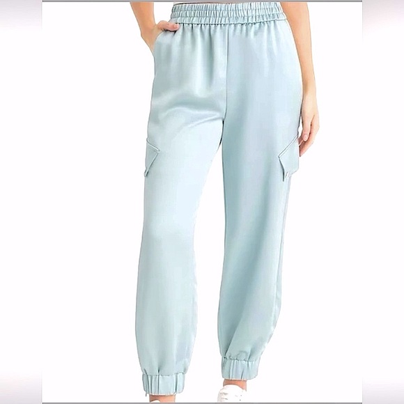 PRICE FIRM Express Blue Satin High Waisted Jogger w/ Snap Cargo Pockets XS - Picture 1 of 3